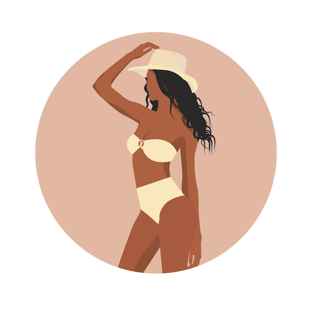 Beautiful African woman in a hat and stylish swimsuit on an abstract background in natural shades