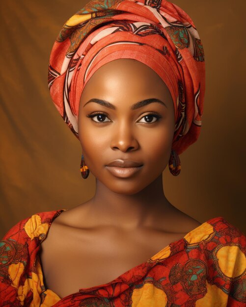 Beautiful african woman in traditional dress on brown background