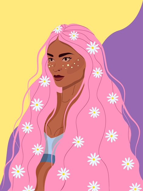 Vector beautiful african woman with flowers in her pink hair and star shaped freckles. diversity, femininity and female health concept.