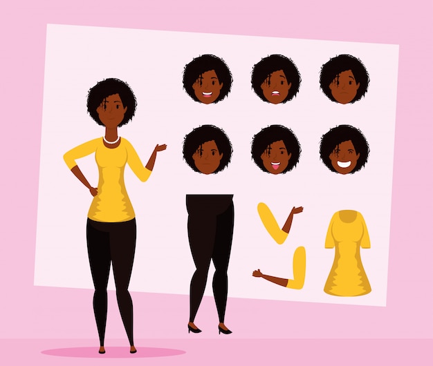 Vector beautiful afro woman with set faces character vector illustration design