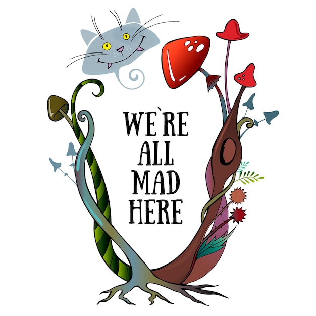 Красивая рамка поздравительной открытки Алисы в стране чудес. Изображения чеширского кота, грибов, растений, деревьев. Векторная иллюстрация. Эпс 10