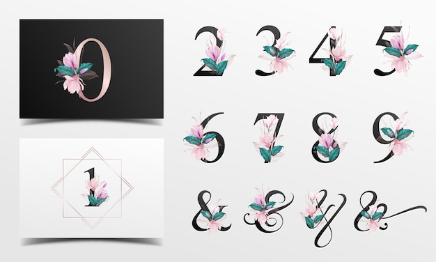 ピンクの水彩花飾り付きの美しいアルファベット番号コレクション
