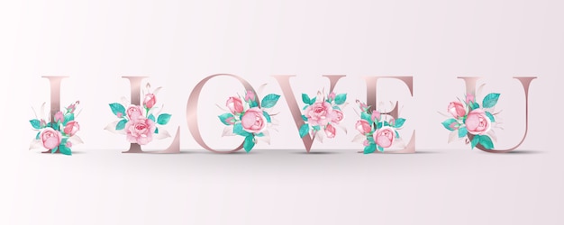 Beautiful alphabet with pink rose watercolor decoration