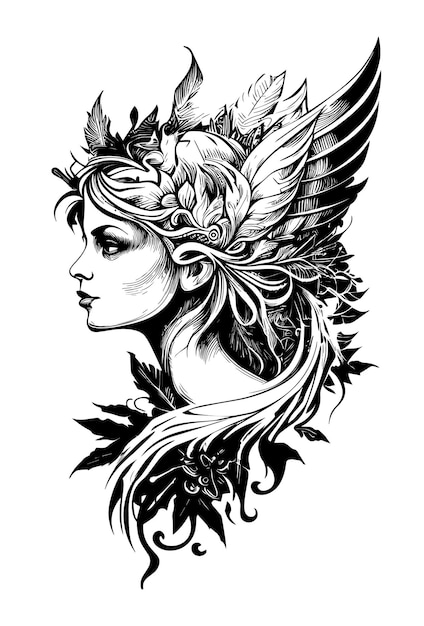Vettore bella illustrazione disegnata a mano dell'ornamento delle ali e della foglia di angelo