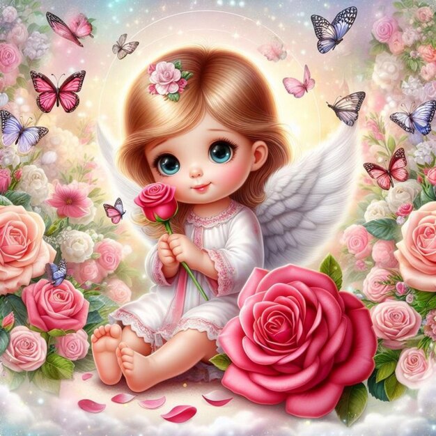 Beautiful angel with roses and butterflies