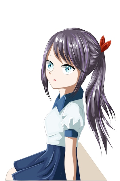 A beautiful anime girl purple hair wearing white blue uniform