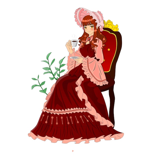 Vector beautiful anime girl sitting on a chair drinking tea