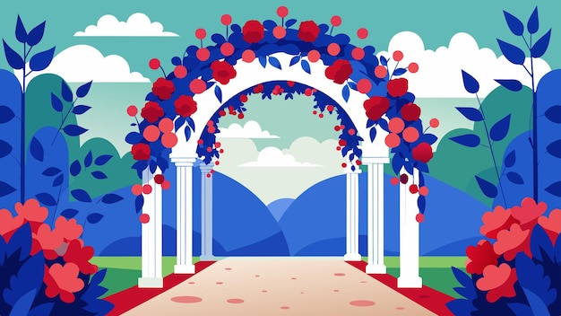 Vector a beautiful archway covered in cascading red white and blue vines leads visitors into the peaceful