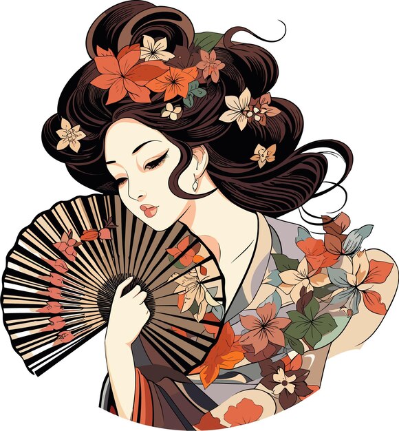 Vector beautiful asian woman with fan vector illustration ready for vinyl cutting