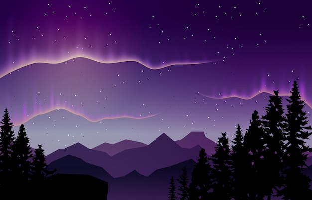 Vector beautiful aurora borealis sky light pine deer mountain polar landscape illustration