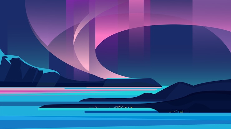 Vector beautiful aurora borealis with sea and mountains