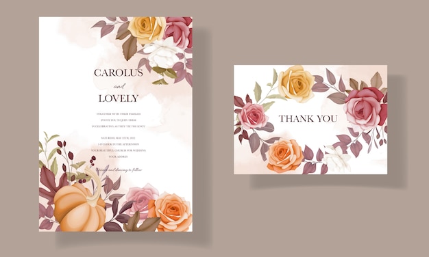 美しい秋の秋の花と葉の結婚式の招待カードセット