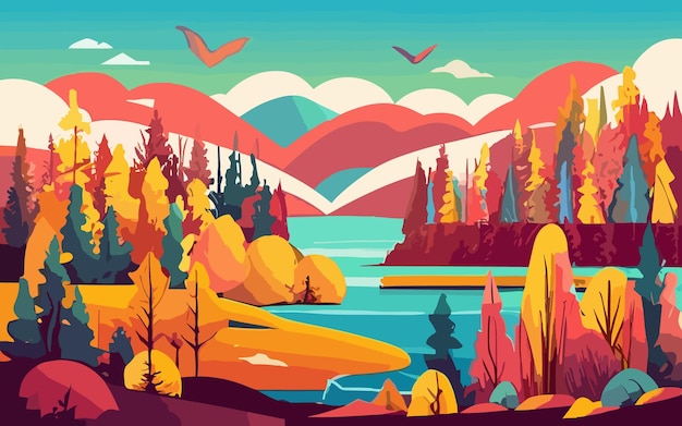 Vettore bellissimo paesaggio forestale autunnale paesaggio mozzafiato di foresta mista nella stagione autunnale vector illus