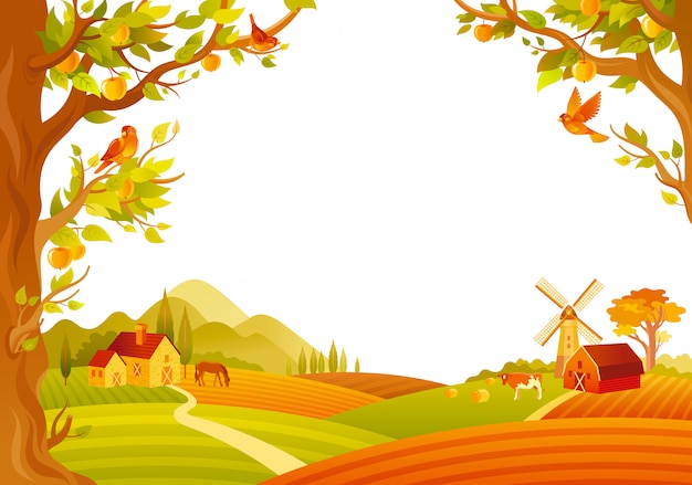 Beautiful autumn landscape. Fall countryside with barn, mill, apple trees. Vector illustration.