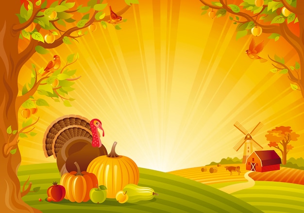 Beautiful autumn landscape. Fall countryside with turkey and pumpkin. Thanksgiving and Harvest festival vector illustration.