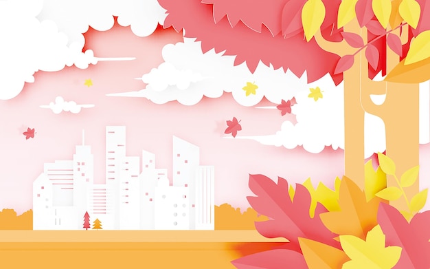 Beautiful Autumn leaves and city paper cut style