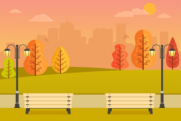 Vector beautiful autumn park with benches, yellow and orange trees and