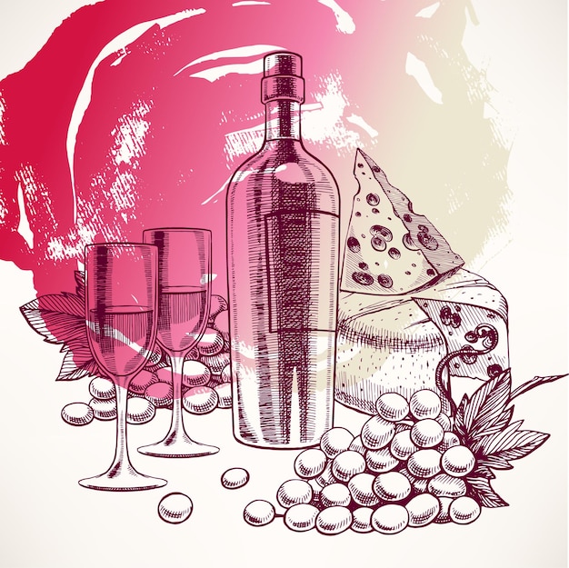 Vector beautiful background with a bottle of wine, glasses, bunch of grapes and cheese - 2