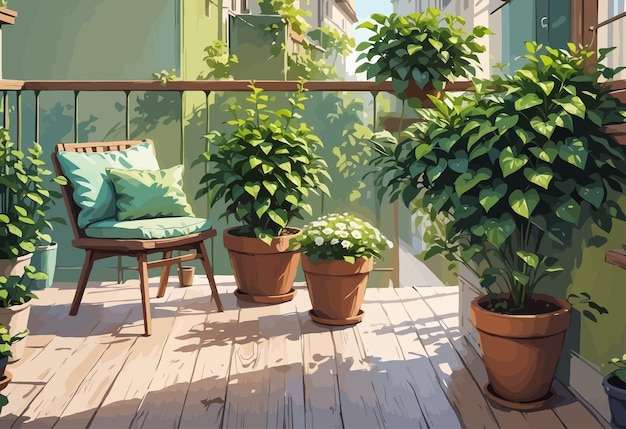 Vettore bellissimo balcone o terrazzo con sedia a pavimento in legno e fiori in vaso verdi illustrazione vettoriale 2d