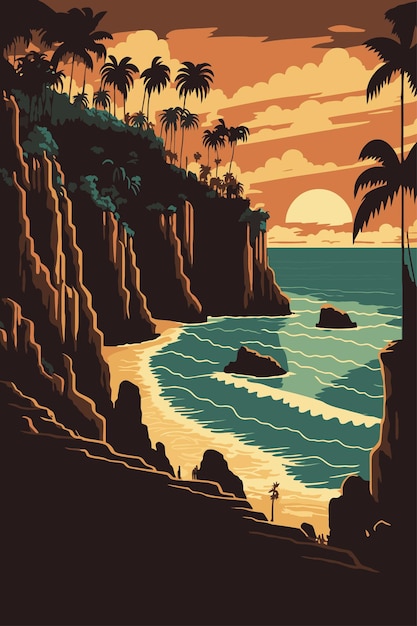 Beautiful bali beach cliff vector background illustration