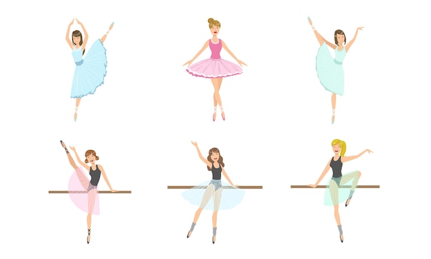 Vettore bellissime ballerine che posano e ballano set arte del balletto classico danzatrici femminili personaggi illustrazione vettoriale