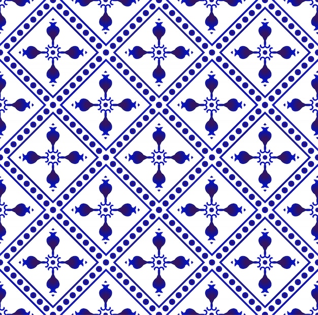 Beautiful batik patterns malaysia and india style, porcelain indigo seamless pattern