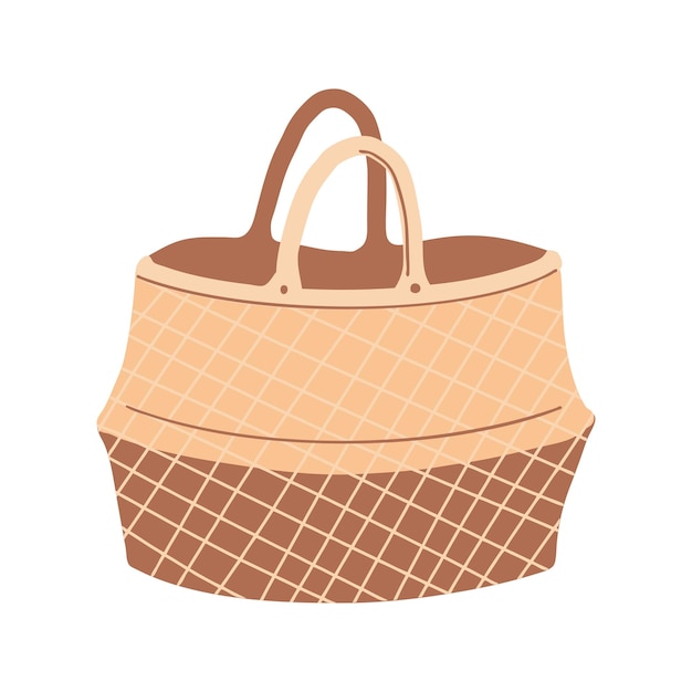 Vector beautiful beach basket in natural color wicker handbag with handles on a white background