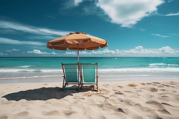 Vettore bellissime sedie da spiaggia con ombrello sulla spiaggia di sabbia bianca tropicale