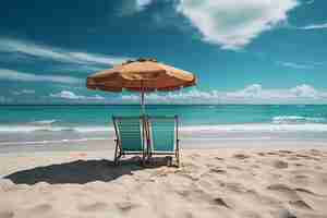 Vector beautiful beach chairs with umbrella on tropical white sand beach