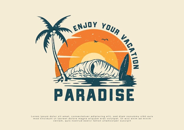 옷 인쇄를위한 아름다운 해변 여름 파도 그림 삽화