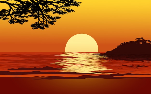 Вектор Красивая сцена захода солнца пляжа с силуэтом дерева