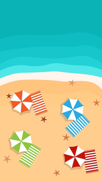 Beautiful beach with color umbrellas and towels on sand Top view vector illustration