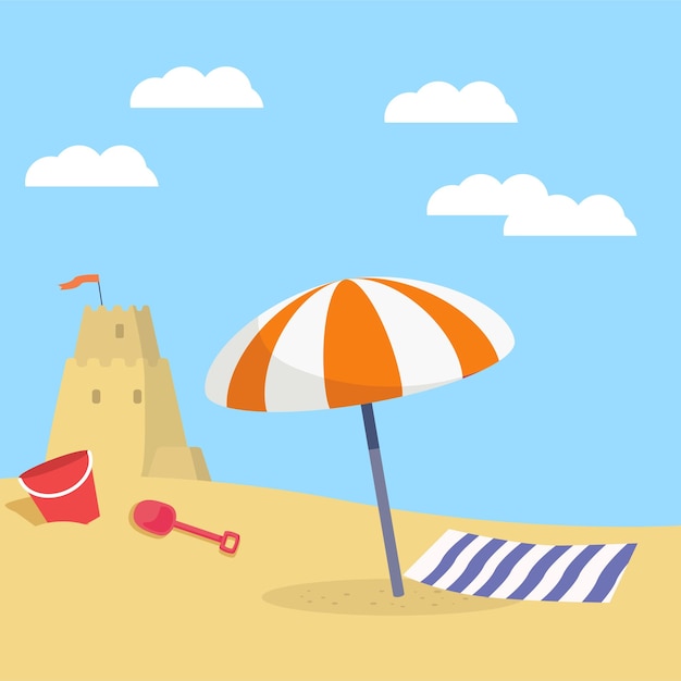 Beautiful beach with umbrellas mats and sandcastles during the day Vector illustration