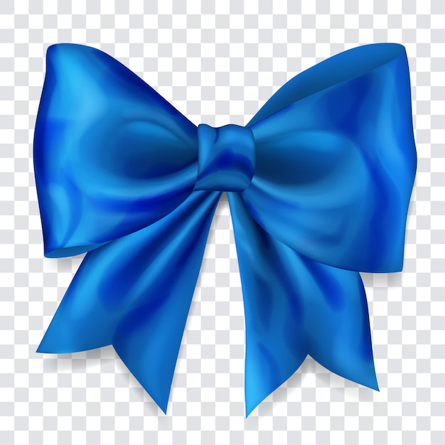 Vector beautiful big bow made of blue ribbon with shadow on transparent background
