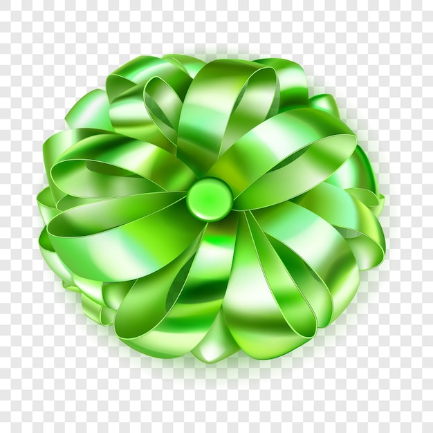 Beautiful big bow made of green shiny ribbon loops with shadow on transparent background