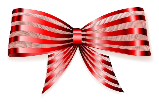 Vector beautiful big bow made of striped red shiny ribbon with shadow