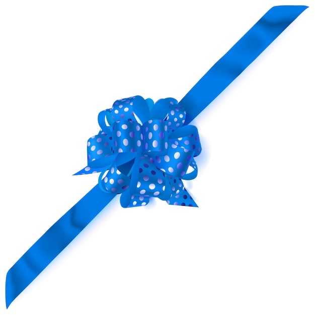 Vector beautiful big corner bow made of blue ribbon in polka dots with shadow on white background