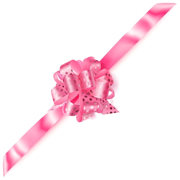 Beautiful big corner bow made of pink ribbon in polka dots with shadow on white background