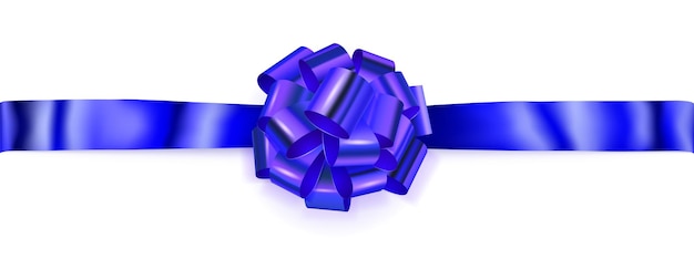 Beautiful big horizontal bow made of blue shiny ribbon with shadow on white background