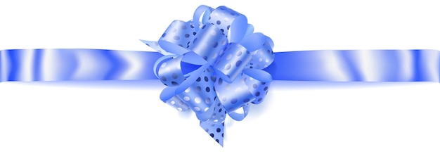 Beautiful big horizontal bow made of light blue ribbon in polka dots with shadow on white background