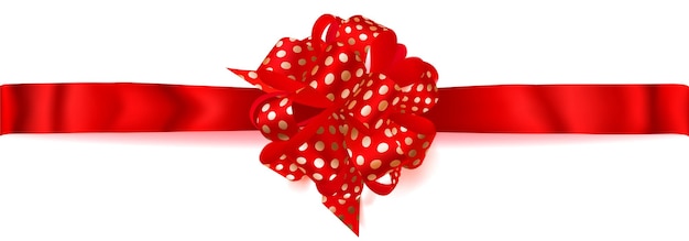 Beautiful big horizontal bow made of red ribbon in polka dots with shadow on white background