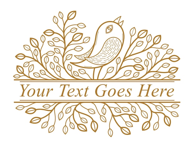 Beautiful bird on a branch linear floral vector design isolated on white, leaves elegant text divider border element for layouts, fashion style classical emblem, luxury vintage graphics.