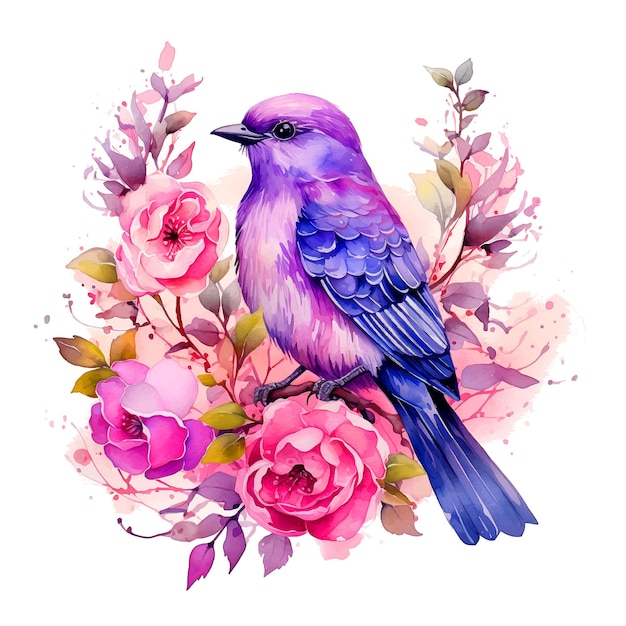 Vector beautiful bird surrounded by flowers watercolor paint