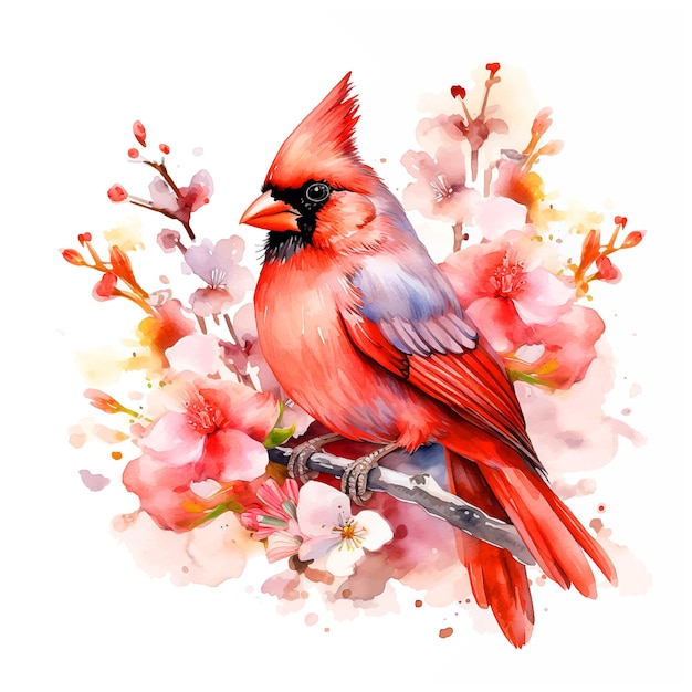 Beautiful bird surrounded by flowers watercolor paint