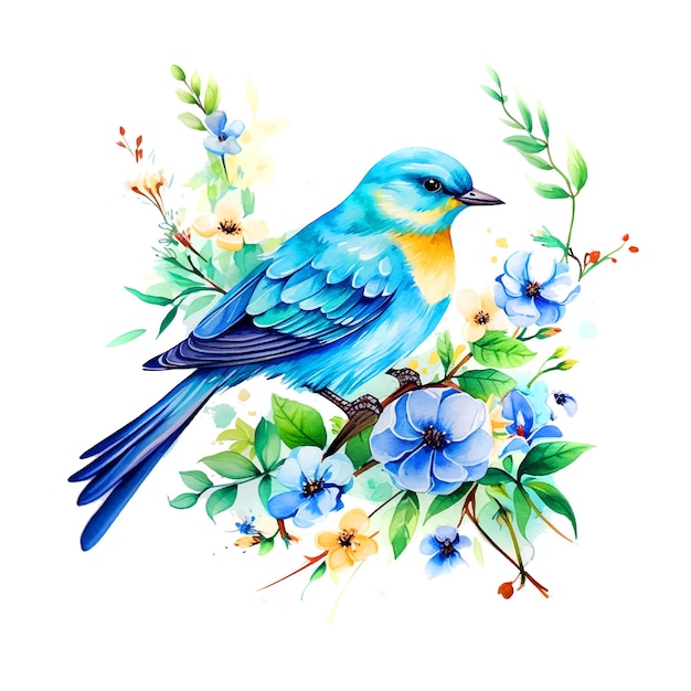 ベクトル 花に囲まれた美しい鳥 水彩絵の具
