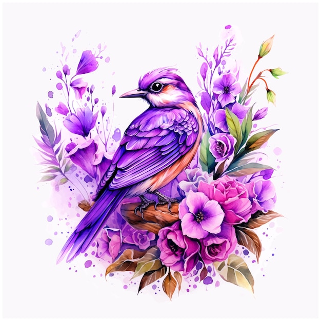 Beautiful bird surrounded by flowers watercolor paint