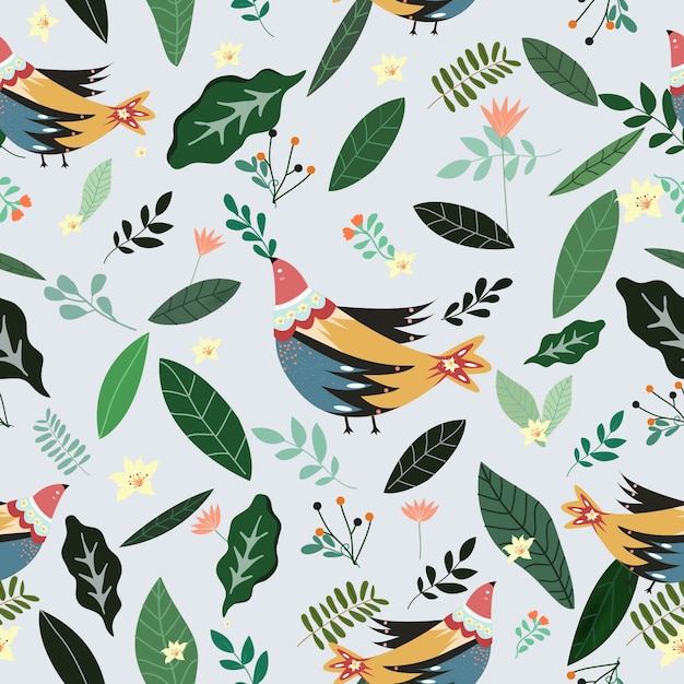 Beautiful bird with green leaf and flower seamless pattern.