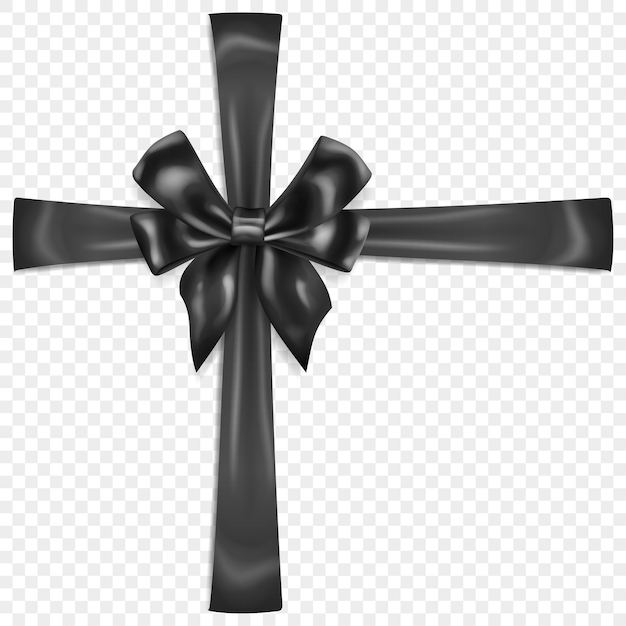 Beautiful black bow with crosswise ribbons with shadow isolated on transparent background