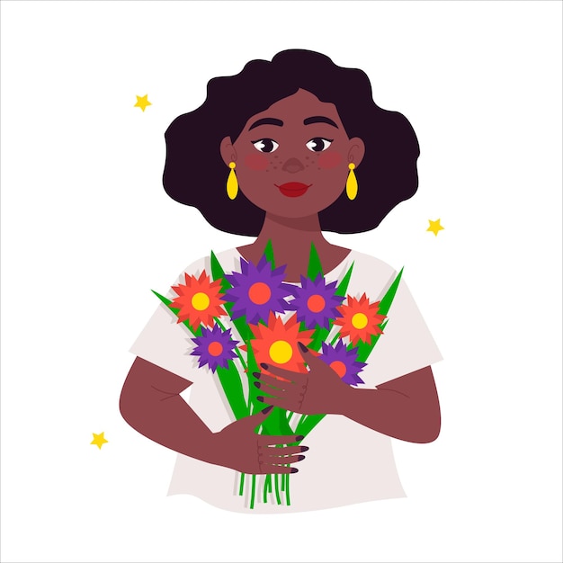 La bella donna nera prosperosa ragazza tiene un mazzo di fiori nelle sue mani bruna con capelli lussureggianti