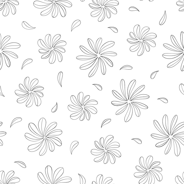 Vector beautiful black chamomile flowers isolated on white background cute floral seamless ink pattern